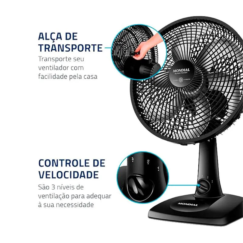 Ventilador Mondial Super Power, 30cm, 3 Velocidades, Preto - Vsp-30-B 110v 220v