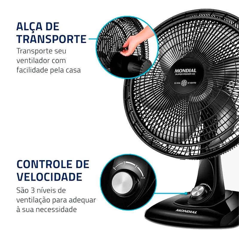 Ventilador Mondial Super Power, 40cm, 3 Velocidades, Preto - Vsp-40-B 110v